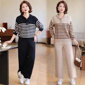 W351-1791套装-165-228妈妈秋装休闲运动服套装2025新款中老年女春秋条纹卫衣洋气针织衫