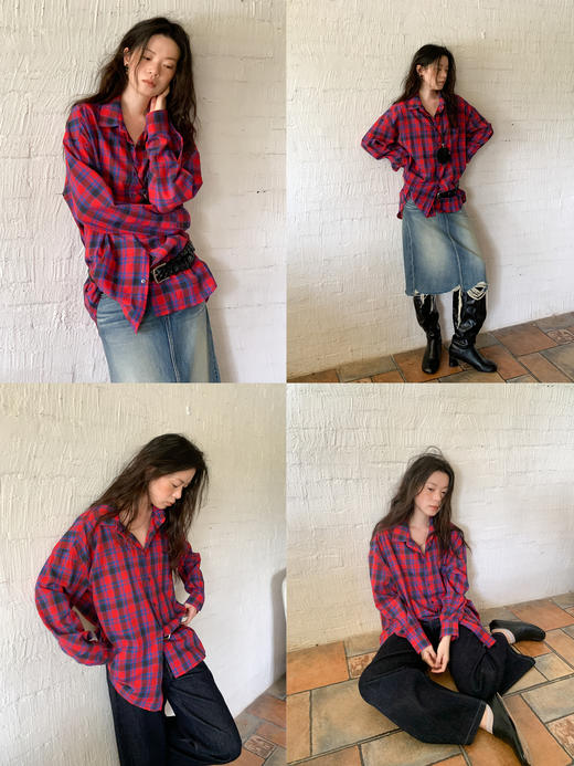 素舶 纯棉柔软舒适经典红格纹撞色翻领宽松复古松弛休闲衬衫上衣 商品图1