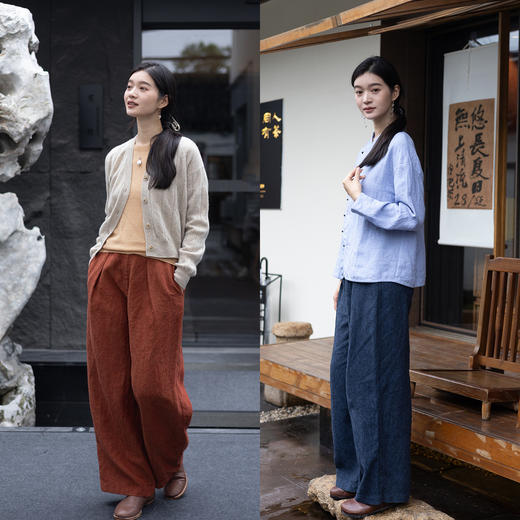 特绽放618朵/加厚色织亚麻半腰松紧透气宽松直筒裤松弛感休闲裤女 商品图2