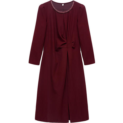 QYM 54C2508-Y时尚连衣裙圆领长袖裙时尚开衩裙压褶收腰中长款A字裙 商品图4