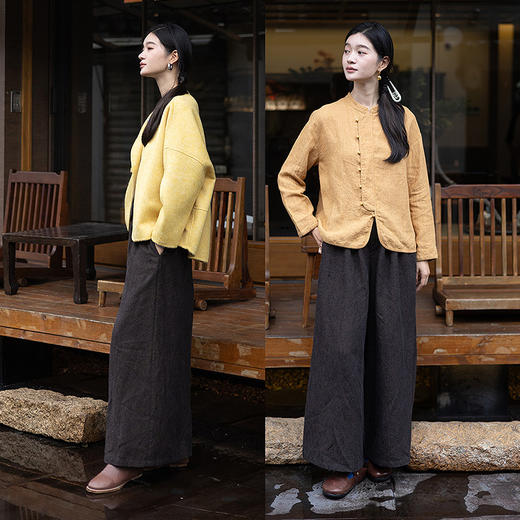 绽放593朵/加厚色织亚麻拼提花翻边半腰松紧阔腿裤松弛感休闲裤女 商品图2