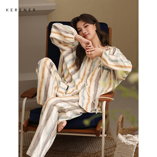 可人儿春秋季带胸垫奥力棉女士长袖长裤睡衣可外出纯棉家居服套装 商品图2