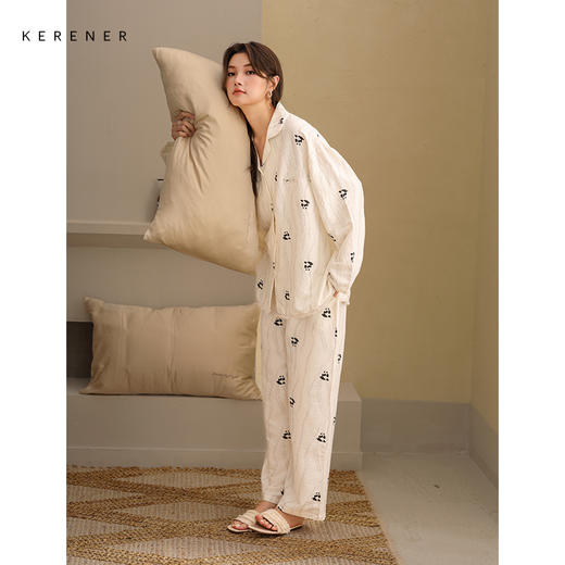 可人儿春秋季带bra泡泡绵女士长袖长裤睡衣可外出小众家居服套装 商品图1