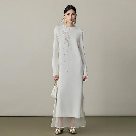 【林栖设计小店】（预售1.3）山茶知雾系列毛织连衣裙拼桑蚕丝飞片飘逸立体花朵2025秋冬新款长裙女1954082 商品图9