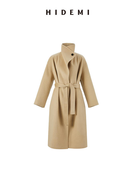 HIDEMI 澳洲美利奴羊毛长毛不规则剪裁门襟堆堆领长款大衣 商品图9
