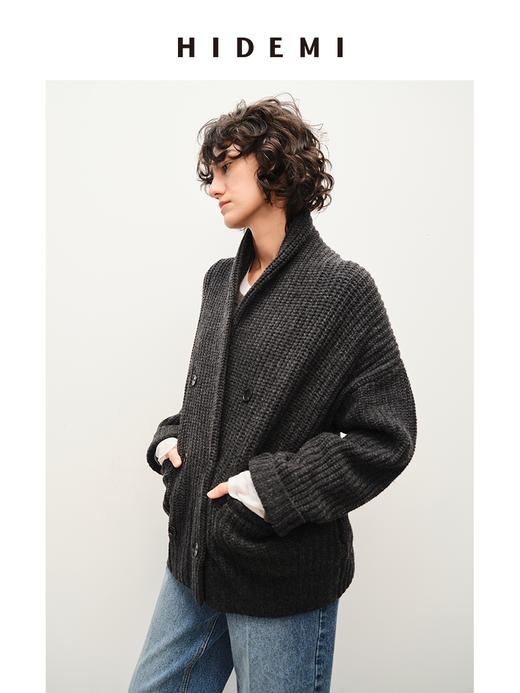 HIDEMI 澳洲美利奴羊毛粗针加厚款青果领西服式毛衣外套大衣 商品图4