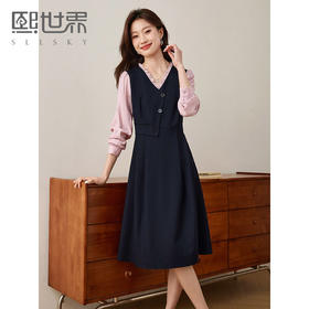 【五折购】熙世界假两件木耳边V领连衣裙长袖法式复古中长裙女2025春季新品