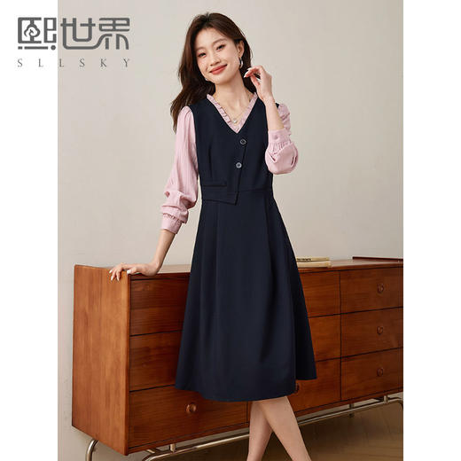 【五折购】熙世界假两件木耳边V领连衣裙长袖法式复古中长裙女2025春季新品 商品图0