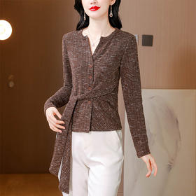 KQL A83N3180咖色V领正肩长袖T恤绑带收腰上衣