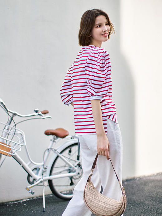 23区日系秋季通勤宽松纯棉圆领套头条纹五分袖T恤针织衫商场同款 商品图3