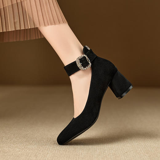 【预售5天】黑色翻毛皮玛丽珍鞋女粗跟法式高跟鞋真皮一字带浅口单鞋MNLS&D2549 商品图1