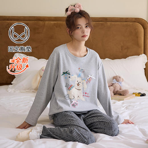 全棉睡衣女带胸垫春秋季长袖卡通可爱风两件套装纯棉韩版家居服冬 商品图6