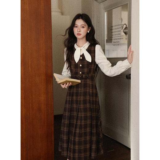 鹿向南「栗子枫糖」咖色格纹无袖连衣裙女秋季法式设计感背心裙子 商品图1