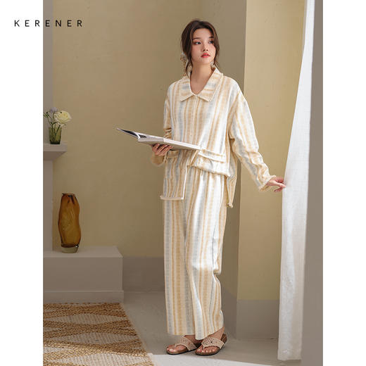 可人儿春秋季带胸垫奥力棉女士长袖长裤睡衣可外出纯棉家居服套装 商品图2