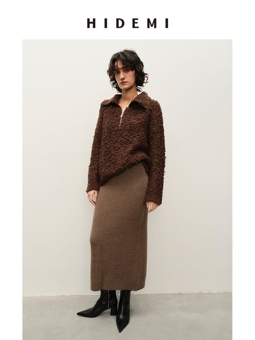 HIDEMI 长毛拉毛羊毛混纺做旧感粗针拉链设计感翻领毛衣 商品图5