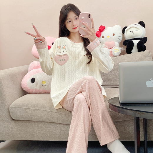 秋季新款学生家居服可外穿带胸垫睡衣女春秋季提花棉长袖圆领甜美可爱可外穿女士家居服套装 商品图5