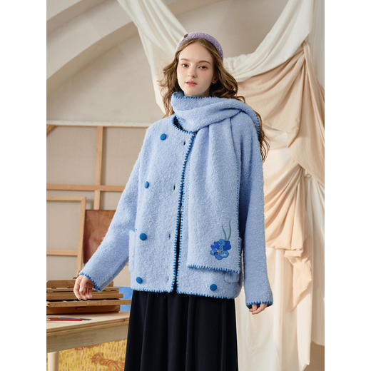 两三事梵高文艺2025秋冬新款刺绣围巾圈圈纱毛衣外套女 商品图1