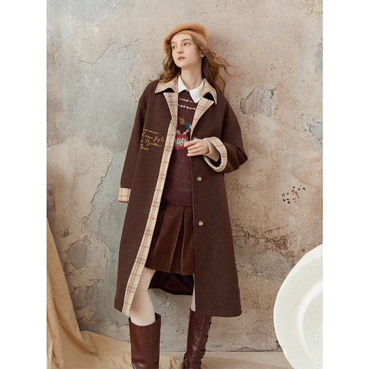 【暖冬内购】两三事梵高文艺诗页漫游2025秋冬新款复古格纹拼接刺绣毛呢外套女 商品图1