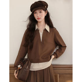 鹿向南「秋云落日」假两件拼接咖色长袖卫衣女秋季新款小众上衣