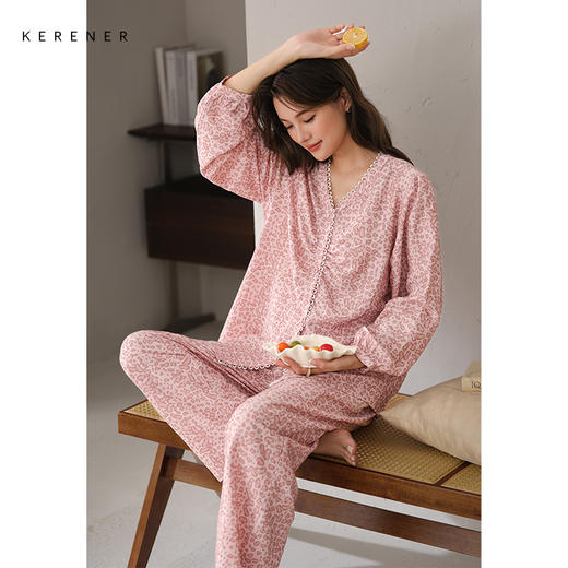 可人儿春秋季带bra泡泡绵女士长袖长裤睡衣可外出小众家居服套装 商品图1