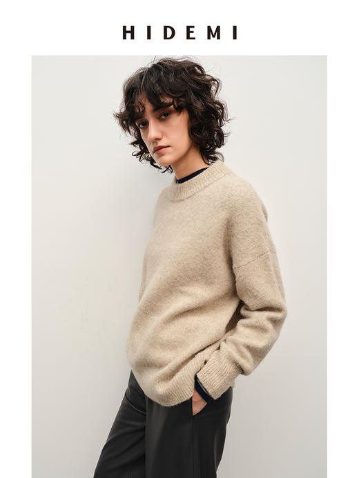 HIDEMI 羊驼毛牦牛绒粗针厚款圆领廓形极简宽松毛衣 商品图2