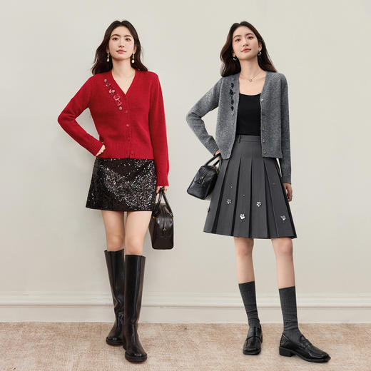 【内购】【含绵羊毛】优雅通勤V领贝壳扣簇状珠片花软糯弹力长袖开衫毛衣-W53EB3381 商品图2