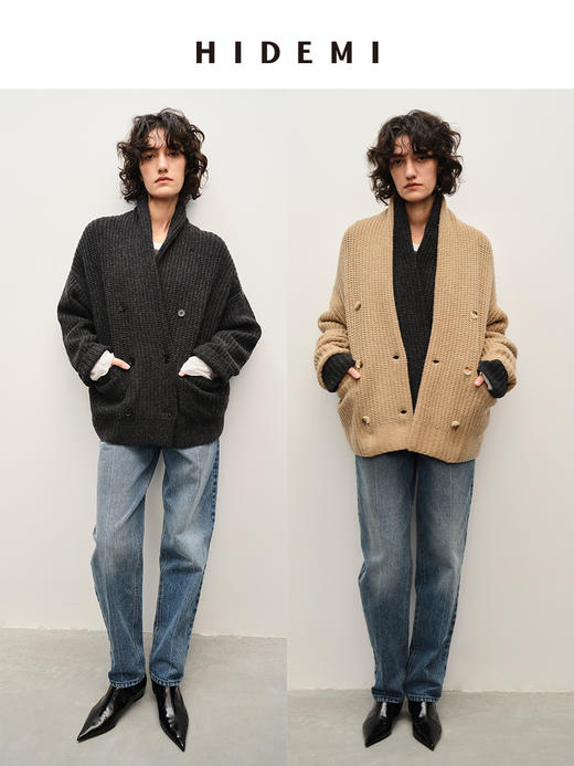 HIDEMI 澳洲美利奴羊毛粗针加厚款青果领西服式毛衣外套大衣 商品图0