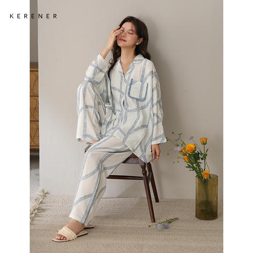 可人儿春秋季带胸垫泡泡绵女士长袖长裤睡衣可外出小众家居服套装 商品图2