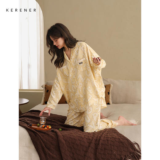 可人儿春秋季带bra泡泡绵女士长袖长裤睡衣可外出小众家居服套装 商品图2