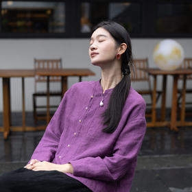 特绽放619朵/色织亚麻立领斜襟系扣落肩文艺长袖新中式衬衫女衬衣