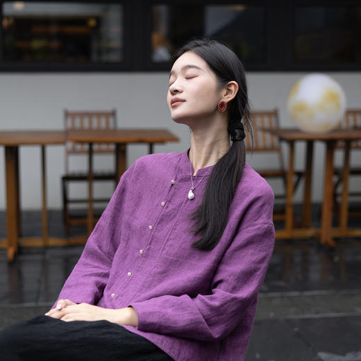 特绽放619朵/色织亚麻立领斜襟系扣落肩文艺长袖新中式衬衫女衬衣 商品图0