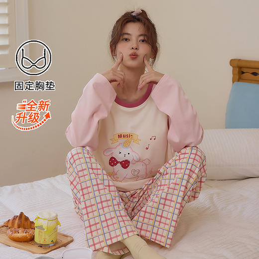 2025新款带胸垫睡衣女士套头长袖卡通可爱春秋季两件套装冬家居服 商品图1