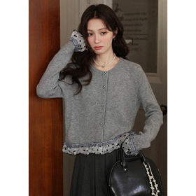 鹿向南「雾灰格笺」灰色长袖针织毛衣女秋季新款宽松设计感上衣L57822