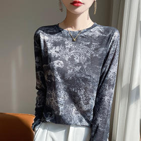 奥伊米优雅气质100%天丝初秋圆领水墨画晕染风薄款打底衫YTMA78