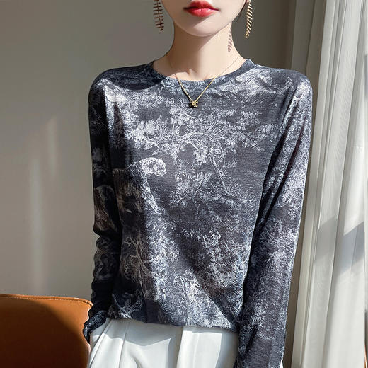 奥伊米优雅气质100%天丝初秋圆领水墨画晕染风薄款打底衫YTMA78 商品图0