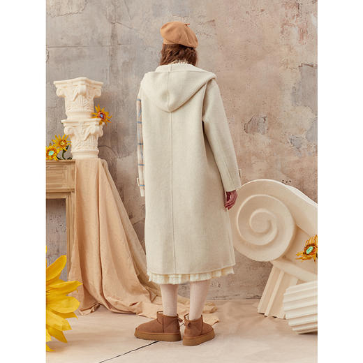 两三事梵高文艺薄雾诗行2025秋冬款向日葵绣花连帽格子毛呢外套女 商品图4