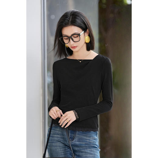 剩S/M/L/XL 西梅紫一字领T恤 米思阳2026春季新款纯色百搭长袖T恤女4397 商品图4