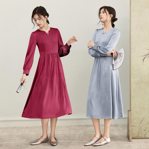 【内购】【藏肉显瘦】优雅通勤圆V领盘扣系绑带收腰哑光肌理缎感连衣裙-153LI2638 商品图2