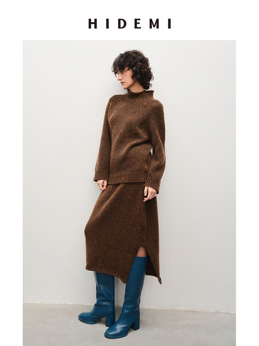 HIDEMI美利奴羊毛巧克力花纱立领极简厚款套装 毛衣/茧型半裙 商品图2