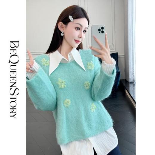 余潇潇【莱茵梦境】羊驼毛混纺纱线重工立体花朵刺绣大V领落肩毛衣 商品图4