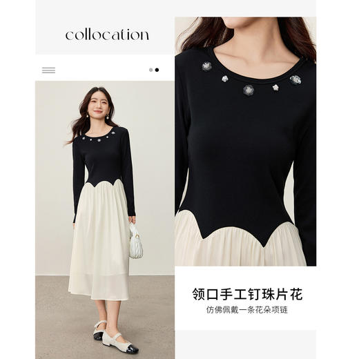 【内购】【撞色拼接】优雅通勤圆领手工钉珠片花拱形收腰长袖茶歇连衣裙-153LO2948 商品图2