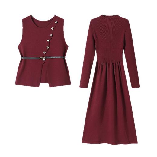 M2751-198针织马甲连衣裙女两件套装2025秋冬新款高级感毛衣裙配大衣中长裙 商品图4