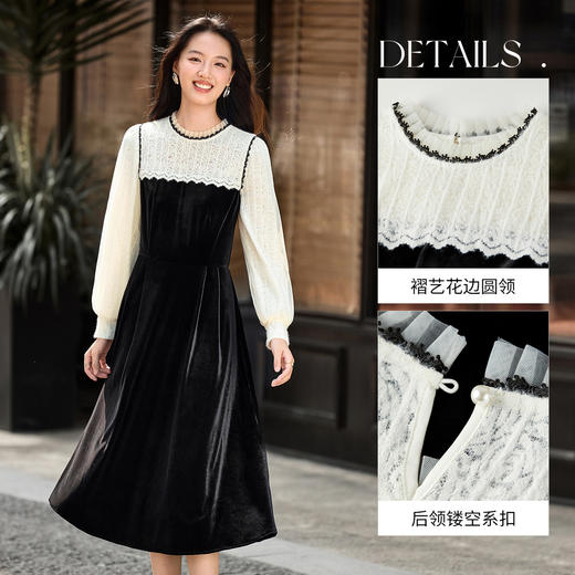 【内购】【假两件】通勤聚会褶艺圆领撞色拼接蕾丝网纱灯笼袖丝绒连衣裙-W54LI3356 商品图3