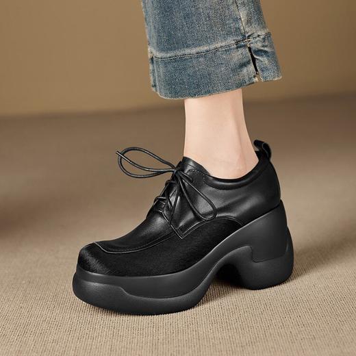 【预售5天】英伦风厚底松糕小皮鞋女软皮软毛新款春秋季高跟粗跟系带单鞋MQE&G150-6 商品图4