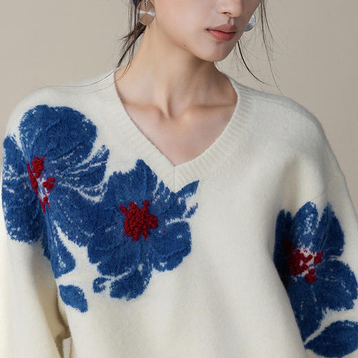 【林栖设计小店】（现货）【手工绣花】山茶知雾系列牦牛绒毛织上衣提花2025秋冬新款套头毛衣女1953022 商品图3
