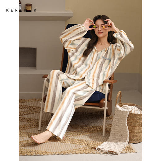 可人儿春秋季带胸垫奥力棉女士长袖长裤睡衣可外出纯棉家居服套装 商品图1