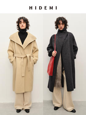 HIDEMI 澳洲美利奴羊毛长毛不规则剪裁门襟堆堆领长款大衣