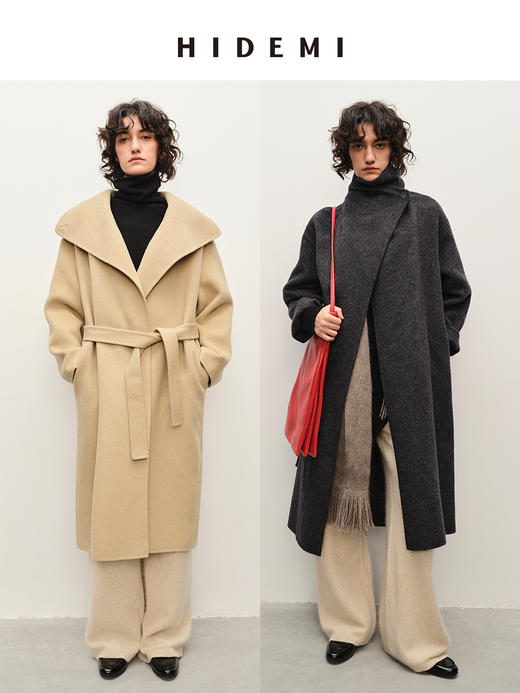 HIDEMI 澳洲美利奴羊毛长毛不规则剪裁门襟堆堆领长款大衣 商品图0