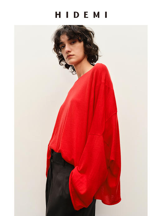 HIDEMI 澳洲进口美利奴羊毛松弛感蝙蝠袖落肩休闲慵懒针织长袖毛衣 商品图2