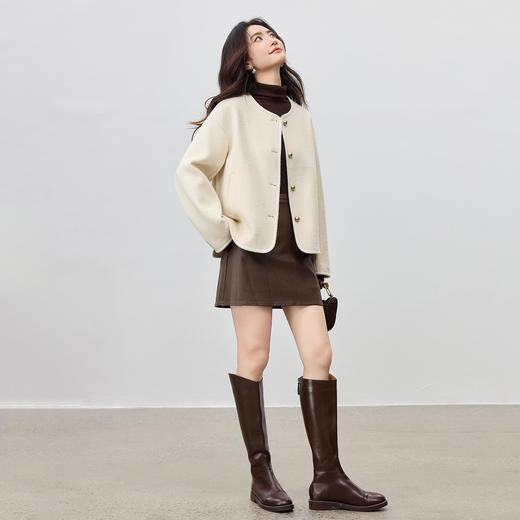 【内购】【含绵羊毛】气质通勤圆领撞色扣宽松落肩显瘦保暖厚毛呢外套-154D80380 商品图2